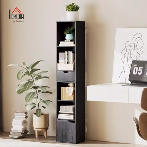 HOMCOM 6-Tier Slim Black Bookcase with Drawer, W/D/H: 30 x 24 x 158 cm – 2