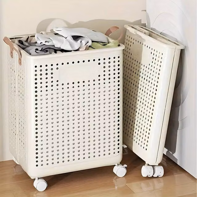 EONLION Large Capacity Folding Laundry Basket in Beige, W/D/H: 37.5 x 30.5 x 55 cm