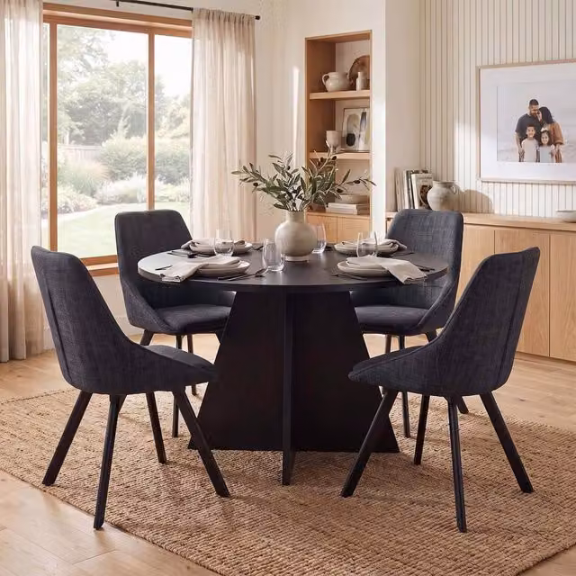 FWStyle Modern Round Black Oak Dining Table and 4 Black Swivel Chairs Set – 1