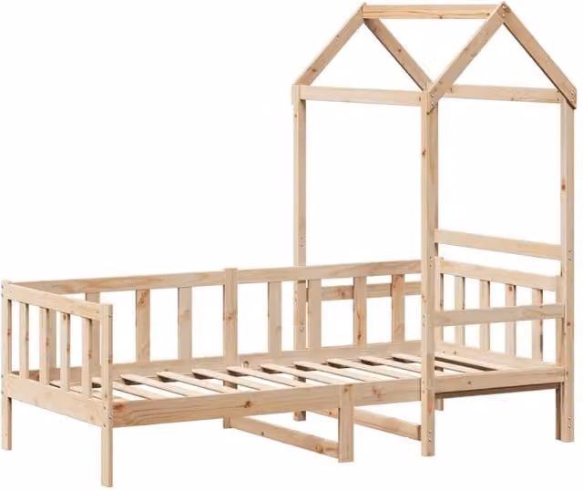 Berkfield Home Beautiful Day Bed with Roof in Sand Solid Pine Wood, W/D/H: 200 x 80 x 85.5 cm