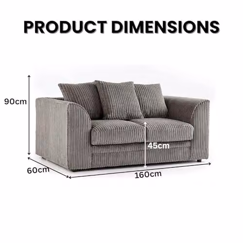 Bliss Furniture Grey Jumbo Cord 2 Seater Scatter Back Sofa with Removable Covers and Solid Wood Frame, W/D/H: 155 x 87 x 75 cm – 2