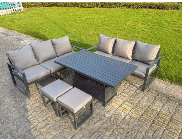 Fimous 5-Piece Powder Coated Aluminium Outdoor Sofa Set in Dark Grey with Upholstered Cushions, Lifting Coffee Table and Ottomans – 1