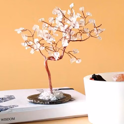 KDMD Large Rock Quartz Gemstone Bonsai Tree with Black Agate Base