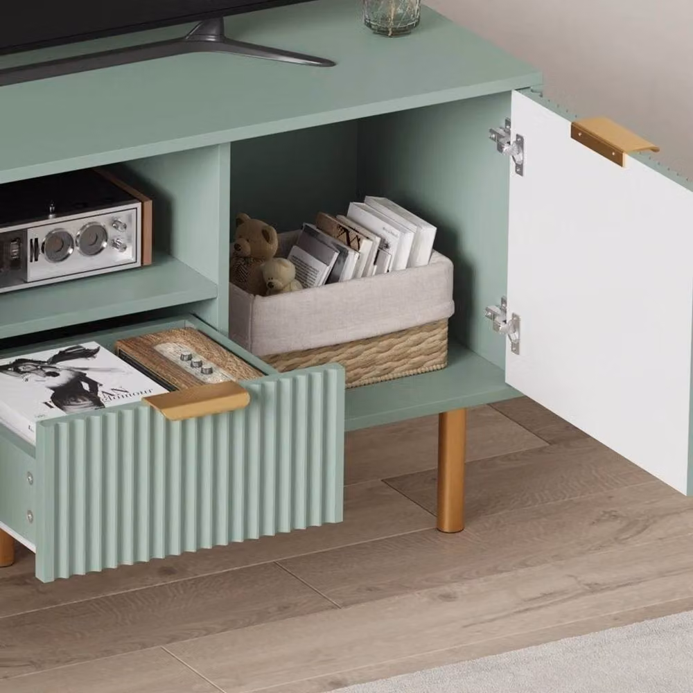 FORGEVIO Modern Media Console TV Stand with 2 Doors and 1 Drawer in Green and Gold, W/D/H: 120 x 40 x 58 cm – 2