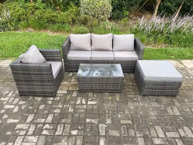 Fimous 4 Piece Outdoor Lounge Sofa Set in Dark Grey Rattan with Armchair, Coffee Table and Ottoman – 1