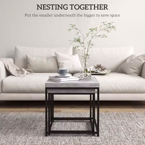 HOMCOM Nest of 2 Coffee Tables with 3.5 cm Thick MDF Tops and Metal Frame, Grey, W/D/H: 45 x 45 x 45 cm – 4