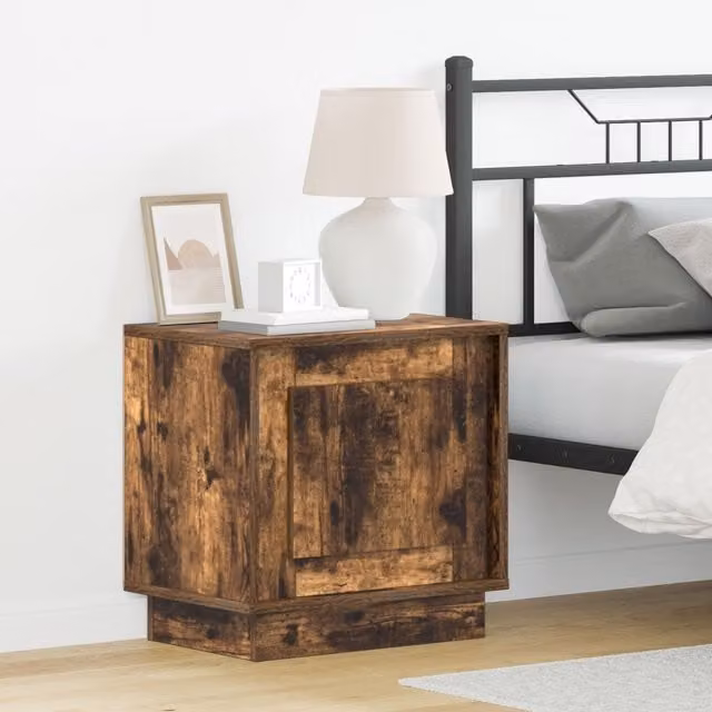 Berkfield Home Modern Bedside Cabinet with Integrated LED Lights in Smoked Oak Brown, W: 44 cm, D: 34.5 cm, H: 45 cm