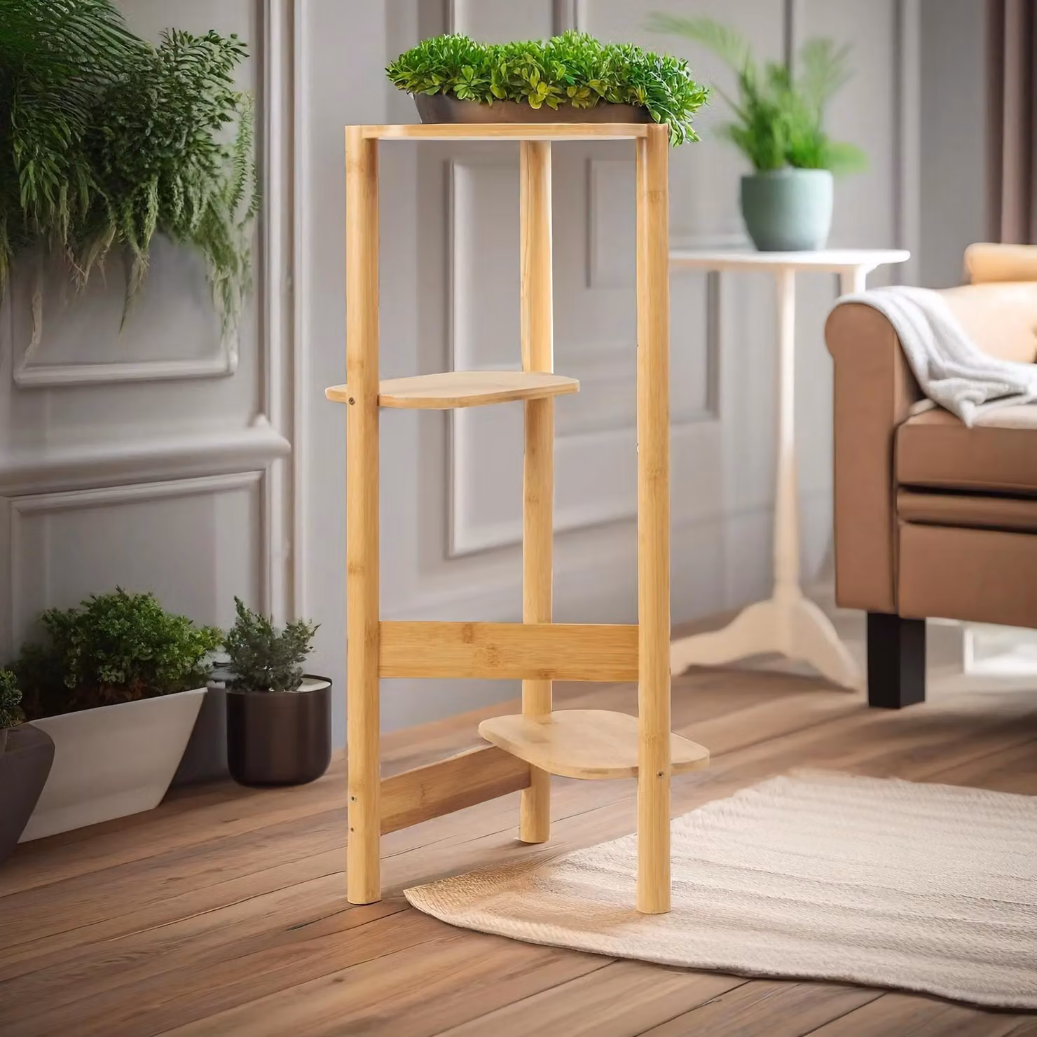 Pirlo Plush 3 Tier Bamboo Indoor Outdoor Plant Stand in Natural Beige – 2