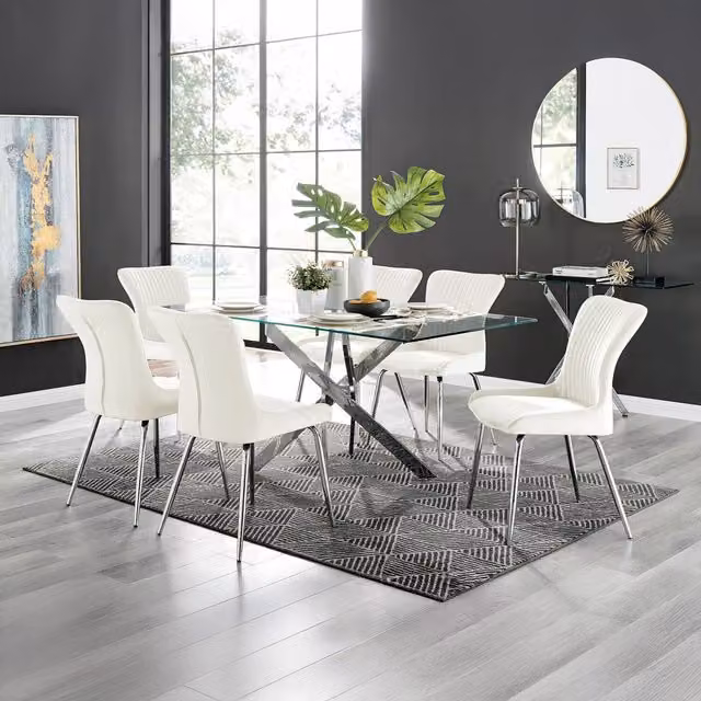 FurnitureboxUK Leonardo Modern Glass Rectangular Dining Table with 6 Nora Silver Leg Chairs in Cream