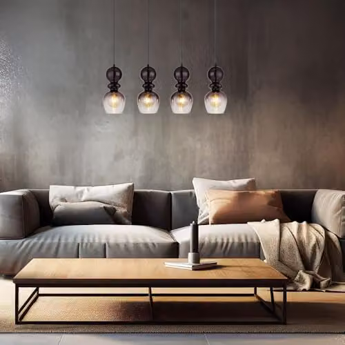 Netlighting Clarity Bar Pendant Light with 4 Grey Glass Shades and Black Metal Finish, E27, Height Adjustable – 3