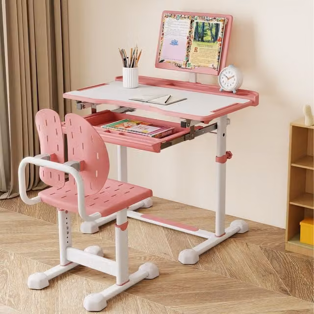 Costway Height Adjustable Childrens Study Desk and Chair Set in Pink