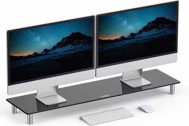 VonHaus Height Adjustable Black Glass Dual Monitor Screen Riser – 1