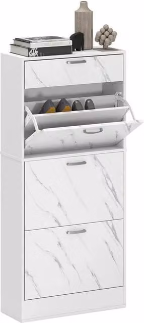KORVIXA Marble White Shoe Cabinet with 4 Drawers and Tilting Compartments