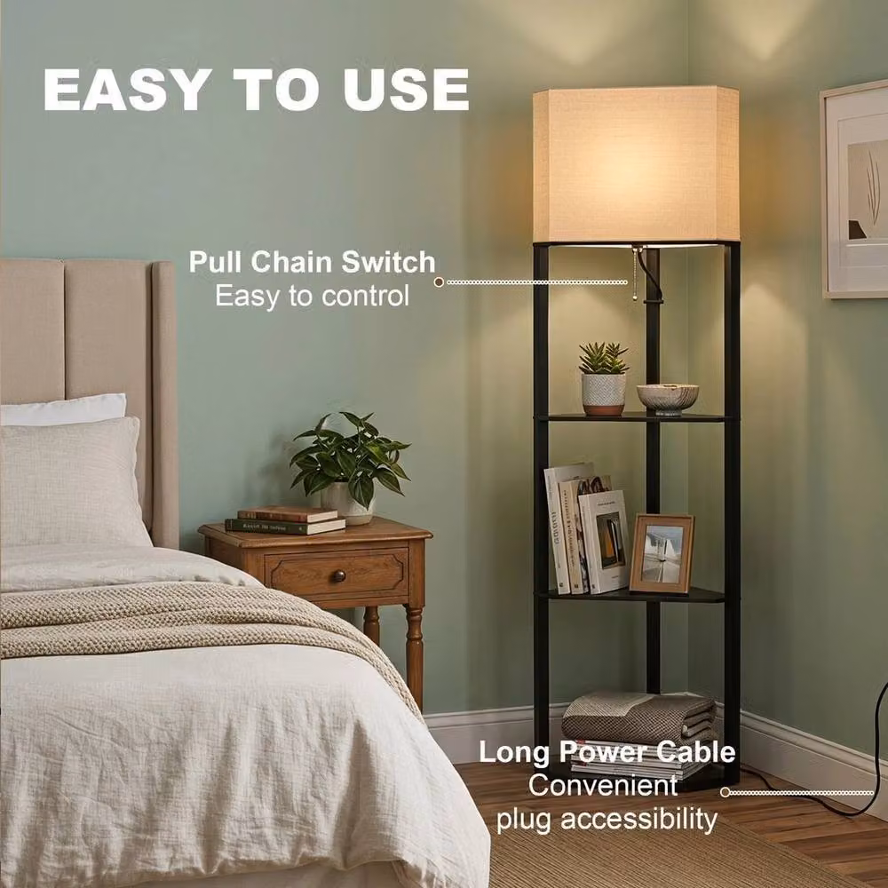 EONLION Modern Black Corner Floor Lamp with Shelves and Beige Fabric Shade – 3