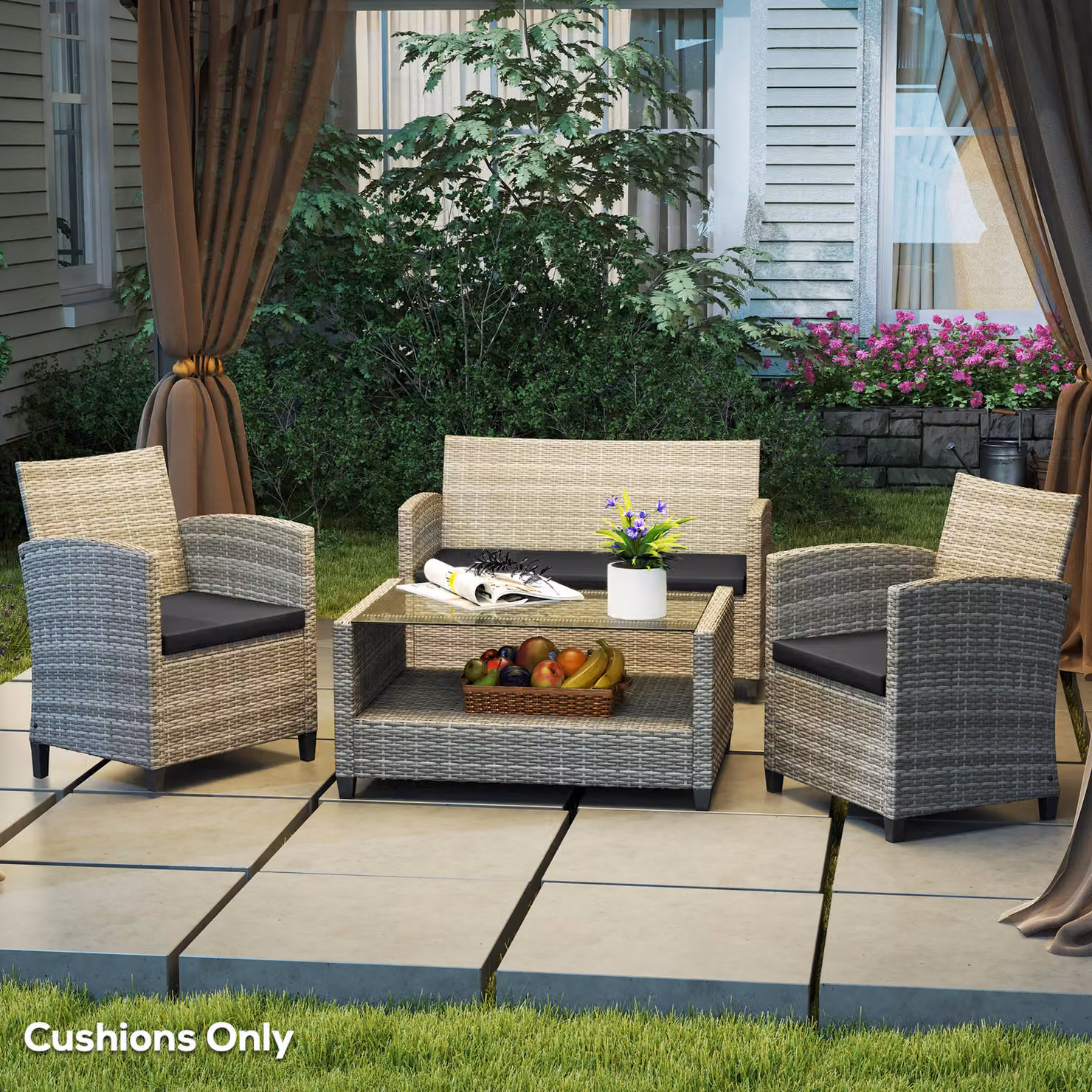 Outsunny Set of 3 Black Rectangular Outdoor Seat Cushion Pads for Rattan Furniture with Removable Washable Covers – 7