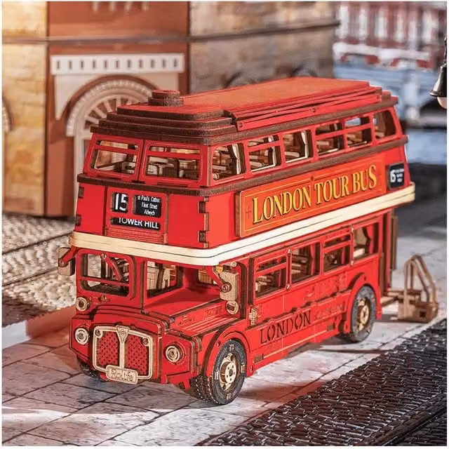Robotime London Tour Bus 3D Wooden Puzzle, 245 Pieces, Red