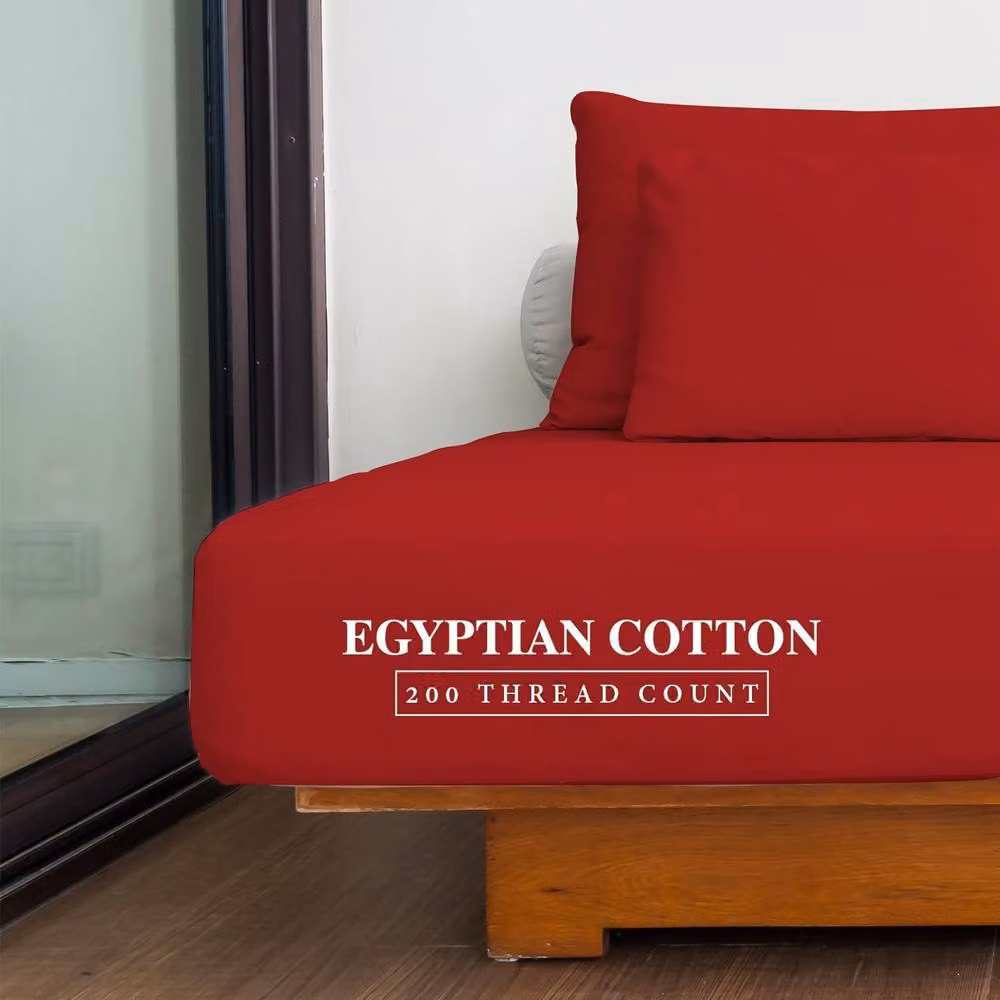 Homes-Linen 100% Egyptian Cotton 200TC Double Fitted Sheet in Red, W/D/H: 140 x 200 x 30 cm – 2