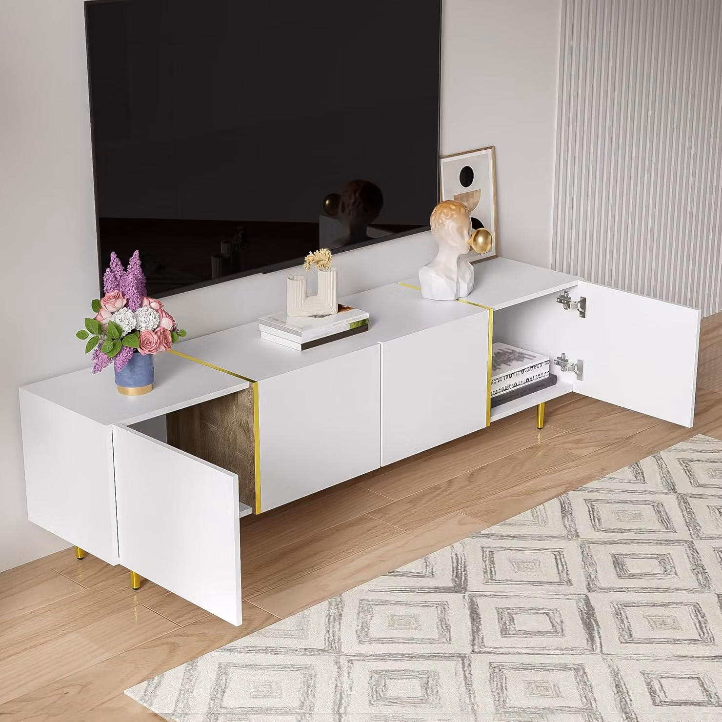 Aosom UK High-Gloss White and Gold MDF TV Cabinet with 4 Soft-Close Hinged Doors and Internal Shelves, W: 170 cm, D: 35 cm, H: 46 cm – 3