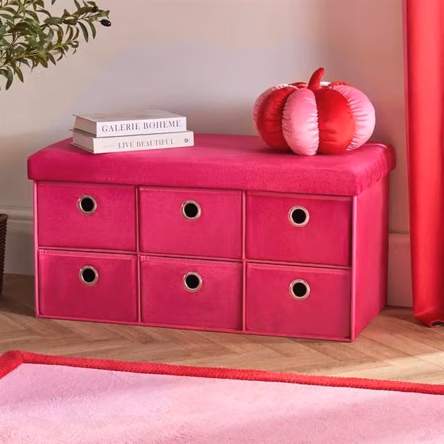 OHS 6 Drawer Velvet Ottoman Storage Cube Unit in Pink
