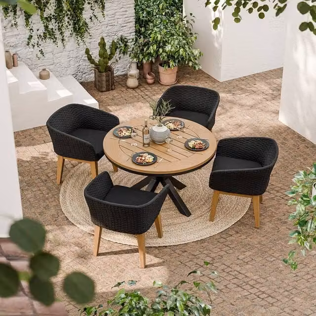 Royalcraft Tuscany Round Teak Wood Dining Set with 4 Eden Night Chairs in Brown and Sand