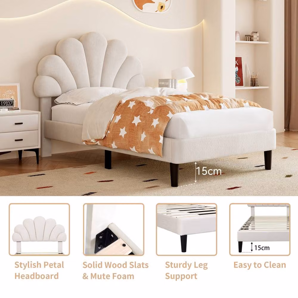 Merax 3ft Single Velvet Upholstered Bed with Adjustable Chic Petal Headboard in Beige, W/D/H: 90 x 190 cm – 3