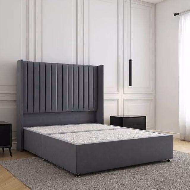 Regional Furnishings Super King Plush Velvet Divan Bed Base with 54 inch Headboard in Charcoal Grey, W/D/H: 200 x 150 x 40 cm