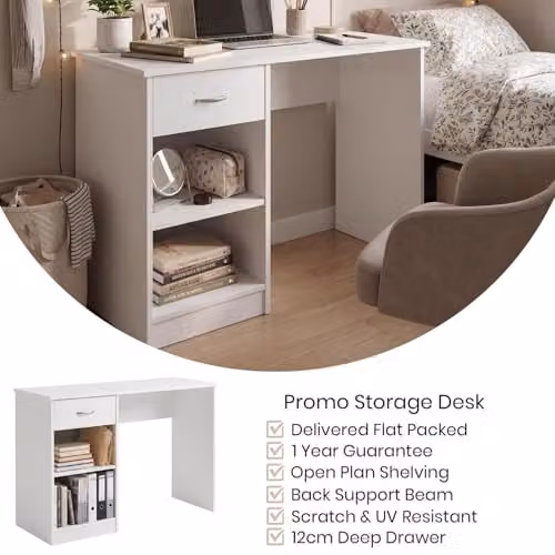 FWStyle White Modern Writing Desk and Dressing Table with 1 Drawer and 2 Shelves W/D/H: 100 x 40 x 74 cm – 3