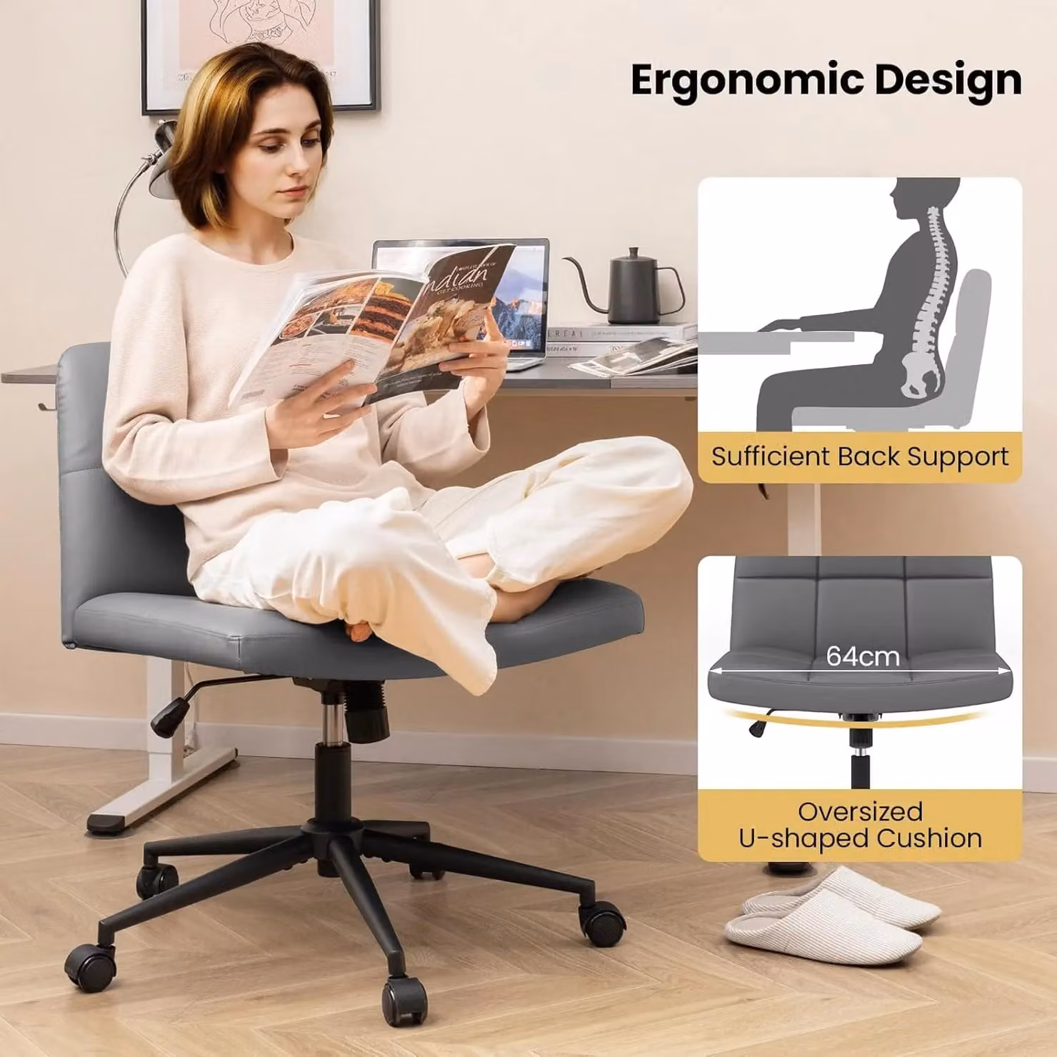 Gymax Grey Upholstered Synthetic Leather Swivel Office Chair with Castors – 2
