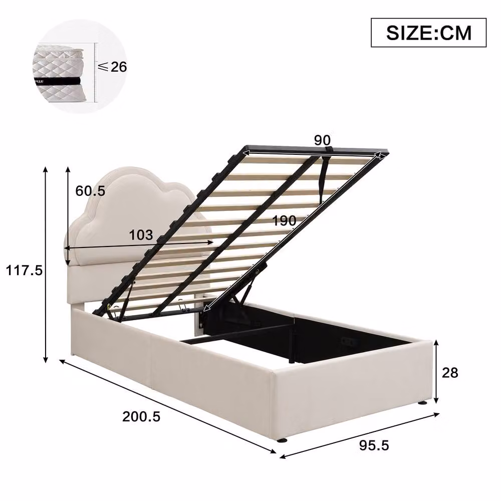 Merax Single Velvet Ottoman Bed Frame in Beige with Cloud Headboard, W/D/H: 90 x 190 x 113 cm – 2