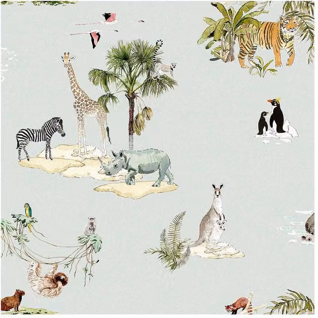 Sophie Allport Animals of the World Misty Blue Wallpaper, Width: 52 cm – 1