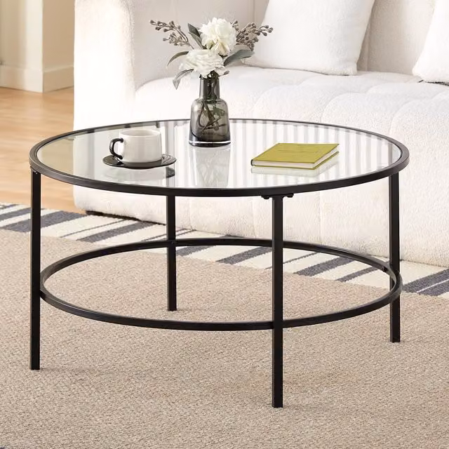 Comfy Living Modern Round Coffee Table with Matt Black and Gold Glass Top