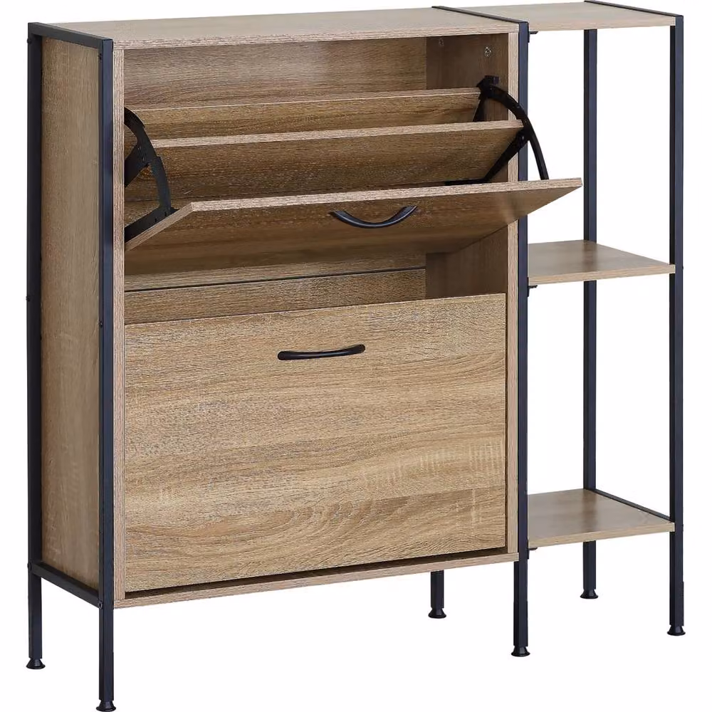 Nordara MDF Wooden Shoe Rack Storage Cabinet with 2 Drawers in Natural Sand Brown – 3