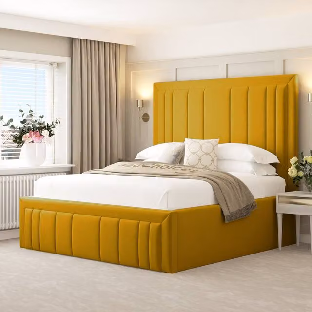 Bed Choices Emperor Upholstered Ottoman Bed Frame with 54 inch Headboard in Yellow Velvet, Double Size, W/D/H: 140 x 200 cm