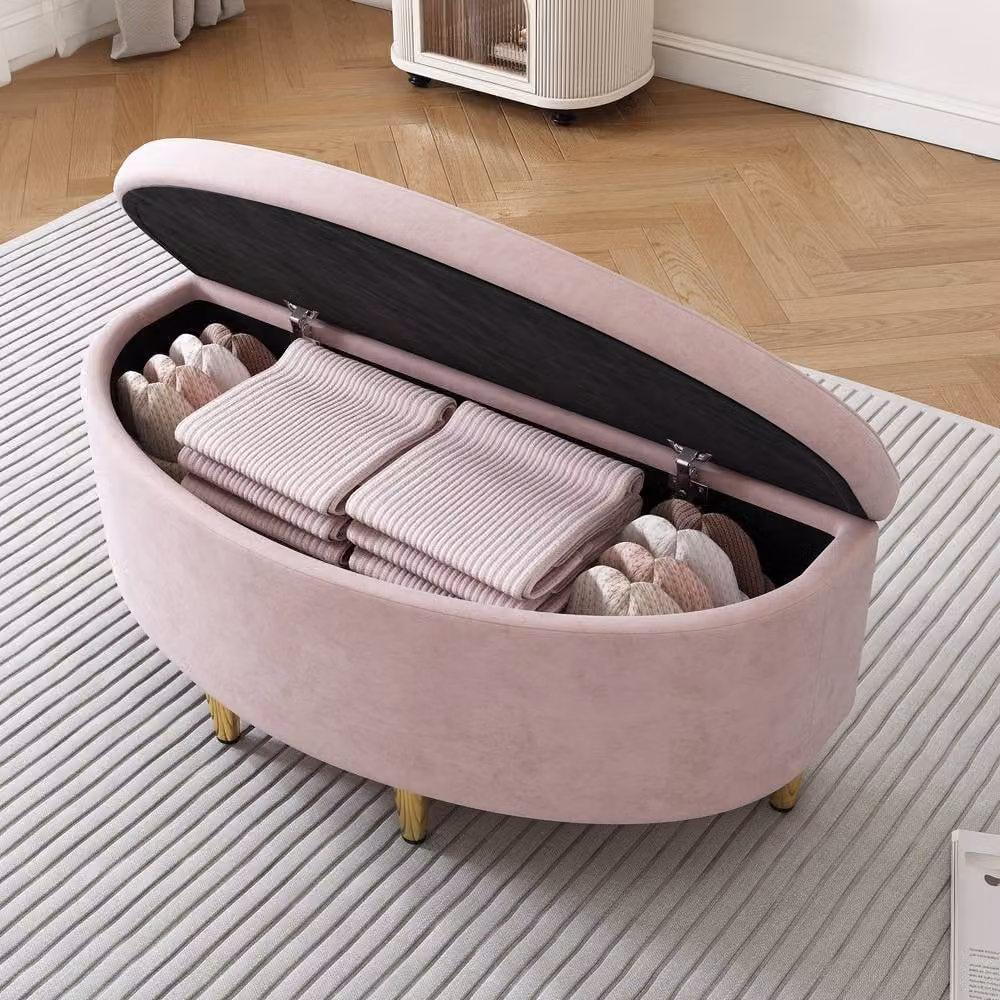 Rolipo Pink Velvet Single Bed with Shell Headboard and Storage Bench – 1
