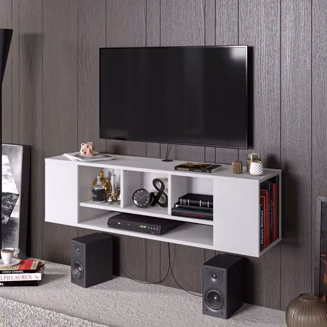 Decorotika Paldi Modern White Wall Mounted TV Stand with Integrated Channel and Media Compartments