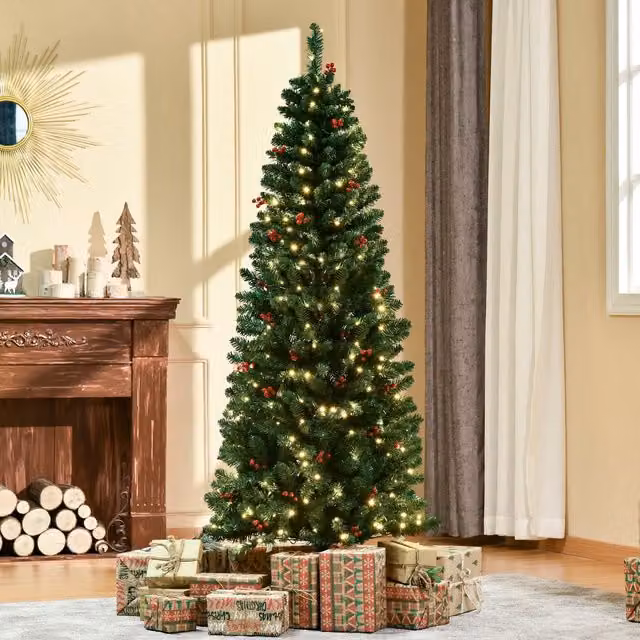 HOMCOM 6ft Artificial Pencil Christmas Tree with LED Lights and Berry Decor in Green and Red – 1