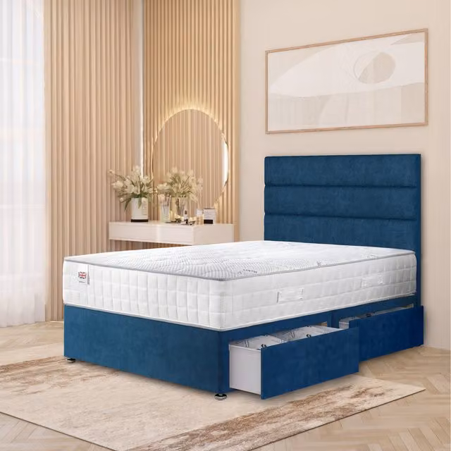 Horizona Plush Divan Bed Set with Quilted Pocket Spring Mattress and Headboard in Blue, W/D/H: 180 x 200 cm