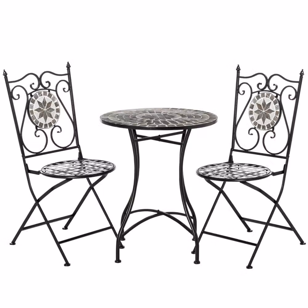 Wyld Haus Lilera 3 Piece Grey Mosaic Tile Bistro Set with Folding Metal Chairs – 2