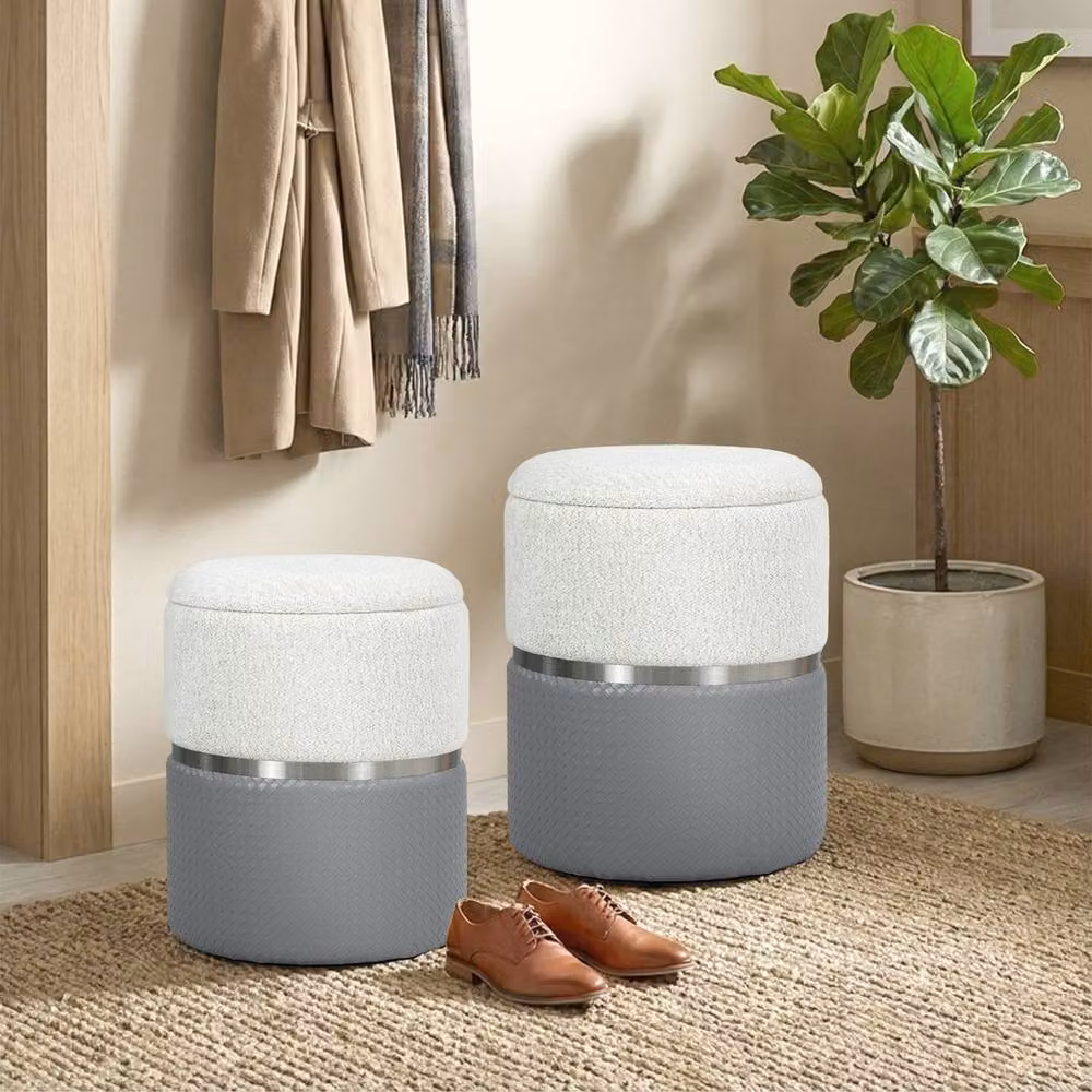 KORVIXA Set of 2 Round Storage Ottomans in Grey and Multicolour, W/D: 100 x 100 cm – 3