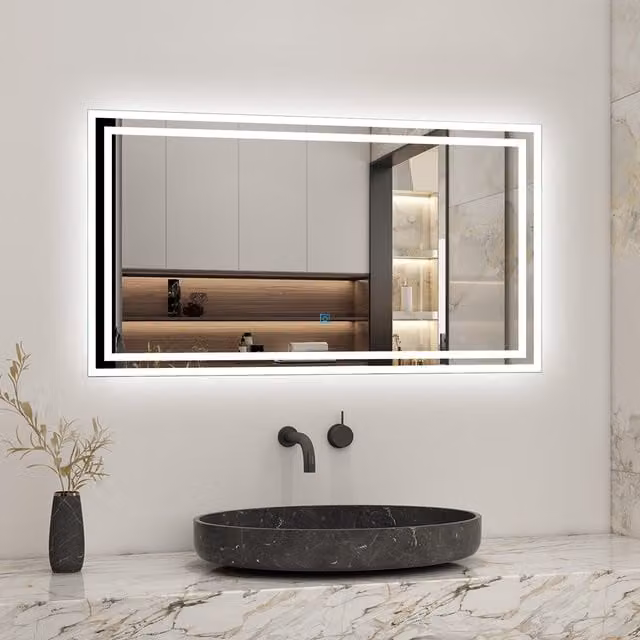 AicaBathroom Modern Rectangular LED Bathroom Mirror with Dimmable White Light and Anti-fog Demister Pad, White