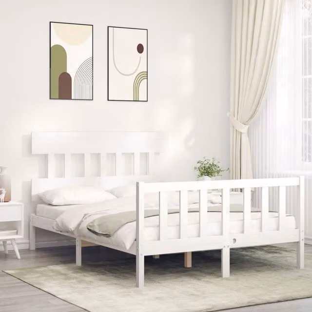 Berkfield Home White Solid Pine Wood Bed Frame with Headboard W/D/H: 140 x 190 cm