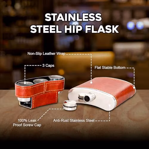 KAV Leakproof Stainless Steel Pocket Hip Flask with Brown Leather Cover, 8 Oz – 2