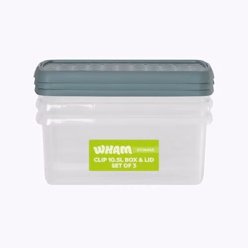 Wham Stackable Plastic Storage Boxes with Lids, Set of 3, 10.5L, Transparent/Green – 1