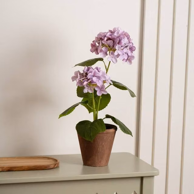 Scottish Everlastings Ltd Real Touch Lilac Hydrangea in a Purple Rustic Pot, Height: 40 cm
