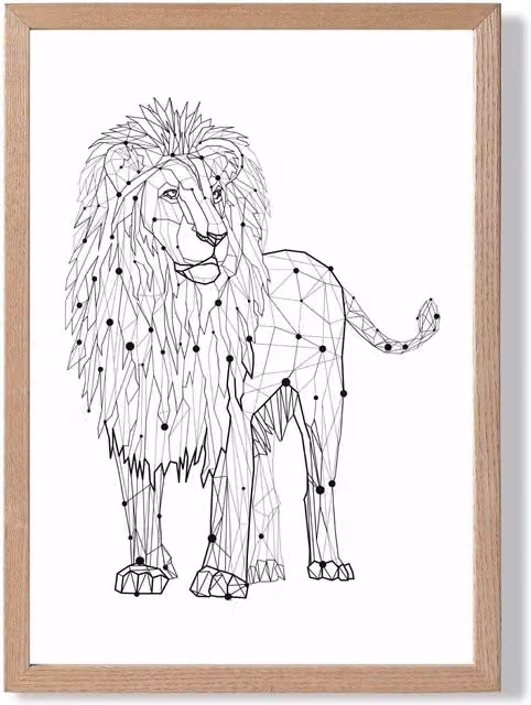 ARTZE Geometric Lion Line Art Framed Print in Black and White with Oak Frame