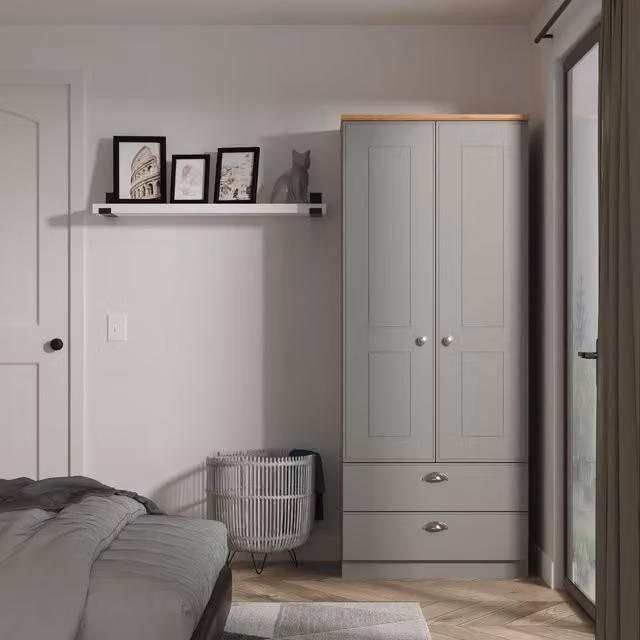 Victoria Fully Assembled 2 Drawer Wardrobe in Grey and Oak