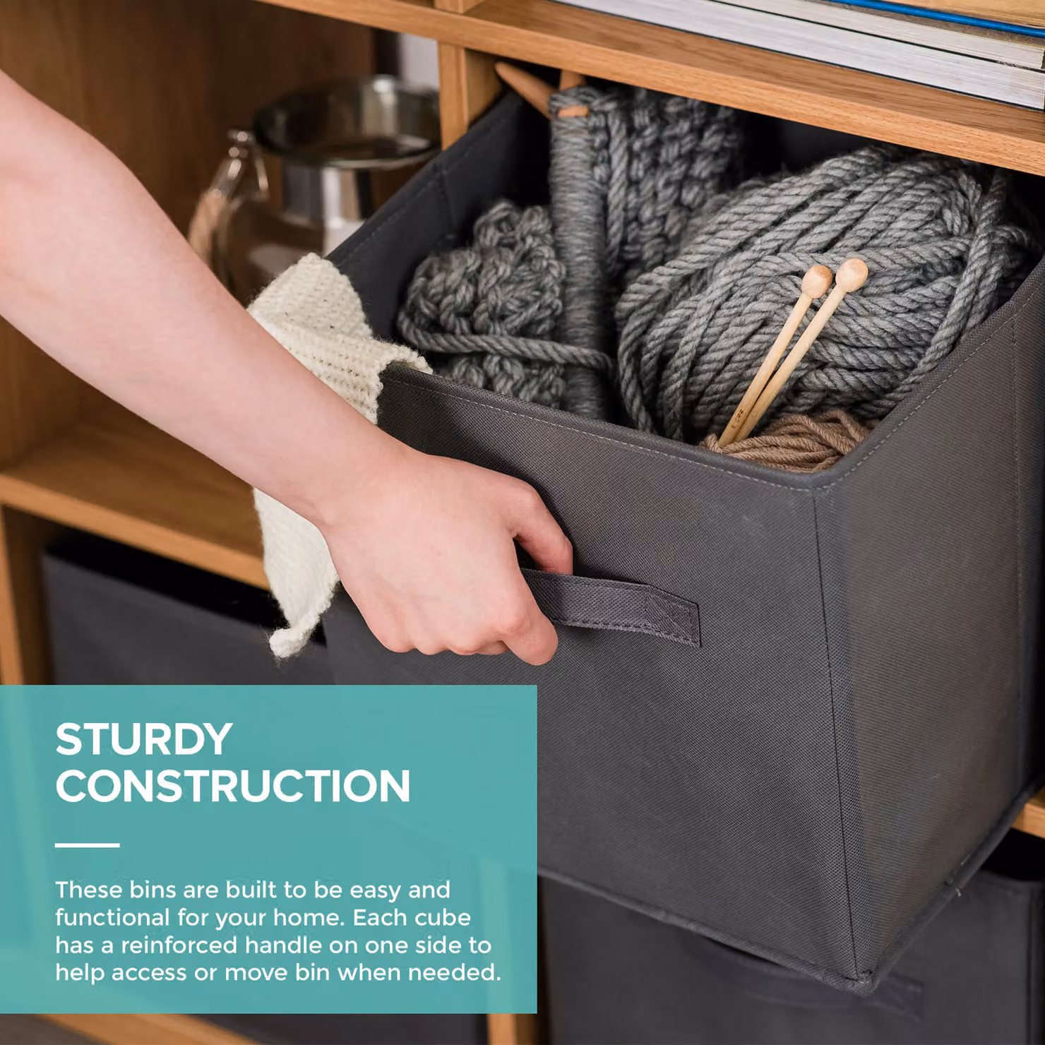 LIVIVO Set of 6 Foldable Storage Cube Boxes in Grey with Fabric Handles – 3
