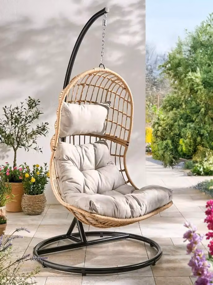 Cheap Furniture Warehouse Modern Cocoon Hanging Chair with PE Rattan and Powder Coated Steel Frame in Black and Beige with UV Resistant Polyester Cushions