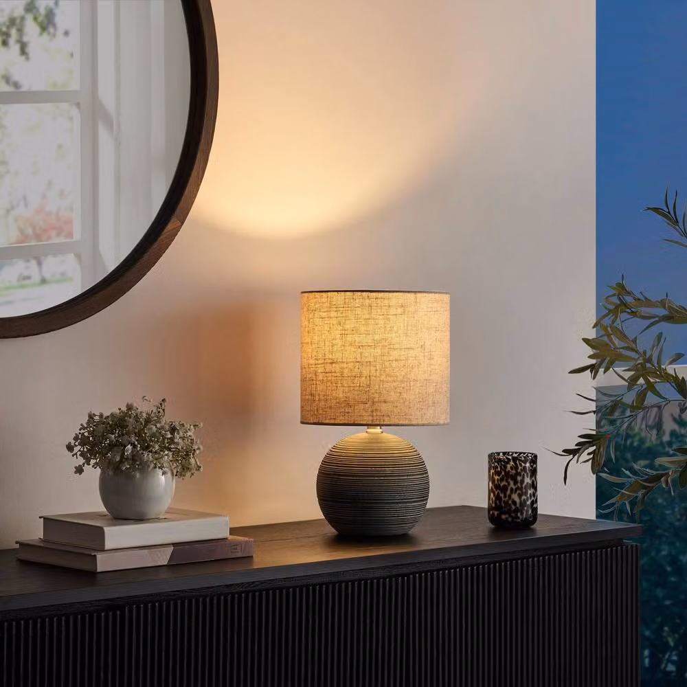 FurnitureboxUK Ripple Round Ceramic Table Lamp in Grey and Black with Fabric Shade – 2