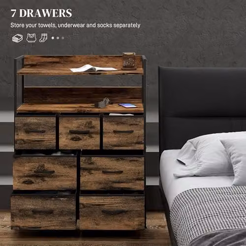 HOMCOM 7-Drawer Fabric Chest of Drawers with Open Shelves and Steel Frame, Brown – 3